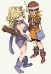  2girls antennae ayla_(chrono_trigger) bag bare_shoulders belt belt_buckle bike_shorts black_shorts blonde_hair blue_eyes blunt_bangs blunt_ends boots breasts brown_belt brown_footwear buckle cavewoman chrono_trigger cleavage closed_mouth curly_hair fighting_stance full_body fur_boots fur_scarf fur_shawl fur_skirt fur_wrist_cuffs furrowed_brow glasses grey_eyes grey_footwear grey_scarf grey_shirt grey_skirt grey_socks grey_wrist_cuffs gun headset helmet holding holding_club holding_gun holding_weapon hosodayo long_hair long_sleeves looking_at_viewer lucca_ashtear medium_breasts miniskirt multiple_girls neckerchief open_mouth orange_neckerchief orange_tunic purple_hair scarf shawl shirt short_hair shorts shoulder_bag skirt smile socks standing strapless torn_clothes torn_skirt tube_top weapon 