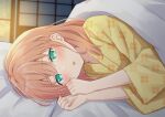  1girl :o absurdres aqua_eyes bed blush commentary_request hair_down head_on_pillow highres hinoshita_kaho indoors japanese_clothes kimono link!_like!_love_live! looking_at_viewer love_live! lying medium_hair on_side open_mouth orange_hair own_hands_together patterned_clothing pillow solo under_covers unmoving_pattern virtual_youtuber yellow_kimono yukata yutuki_ame 