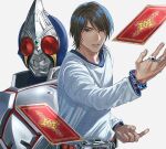  2boys animification armor black_hair blay_buckle blue_eyes bracelet card driver_(kamen_rider) dual_persona henshin henshin_pose highres index_finger_raised jewelry kamen_rider kamen_rider_blade kamen_rider_blade_(series) kenzaki_kazuma long_sleeves looking_at_viewer male_focus multiple_boys open_hand red_eyes rider_belt ring sasakura34 shirt spade_(shape) tokusatsu upper_body white_shirt 