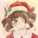  1girl :/ blunt_bangs blush brown_eyes brown_hair christmas closed_mouth drill_hair fur-trimmed_headwear fur_trim hat head_tilt highres holly kz_m_i looking_at_viewer original painting_(medium) pom_pom_(clothes) portrait red_hat santa_costume santa_hat simple_background solo sparkle traditional_media twin_drills watercolor_(medium) 