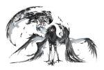  animal_feet bandaged_leg bandages black_feathers black_hair black_wings colored_skin creature feathers full_body goth_fashion highres kamikiririp looking_at_viewer monster no_humans open_mouth original red_eyes sphinx tail talons white_background white_skin wings 