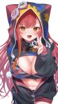  1girl :3 absurdres black_jacket breasts cleavage collar cowboy_shot crop_top fingernails goggles goggles_on_head highres hood jacket large_breasts light_blush long_hair looking_at_viewer navel nekota_tsuna nekota_tsuna_(1st_costume) open_mouth orange_eyes partially_unzipped red_hair roni_dayo simple_background smile solo v very_long_hair virtual_youtuber vspo! white_background 