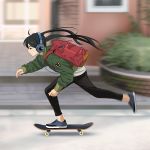  1girl backpack bag bandage_on_face black_hair blue_footwear blurry blurry_background building green_jacket headphones jacket long_hair long_sleeves no_socks original pants red_backpack shirt shoes skateboard skateboarding skinny_jeans sneakers solo suzushiro_(suzushiro333) twintails white_shirt wire 