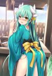  1girl ass back blush breasts bucket dragon_girl dragon_horns fate/grand_order fate_(series) green_hair green_kimono horns japanese_clothes kimono kiyohime_(fate) long_hair long_sleeves looking_at_viewer looking_back medium_breasts multiple_horns obi open_mouth rope sash sen_(astronomy) smile solo thighs well wide_sleeves wooden_bucket yellow_eyes 