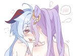 2girls ahoge blue_hair blush breath commentary_request cone_hair_bun ear_blush from_behind ganyu_(genshin_impact) genshin_impact hair_bun heart heart-shaped_pupils highres horns keqing_(genshin_impact) licking licking_finger long_hair looking_at_another multiple_girls nude orange_eyes purple_hair sparkle spoken_blush sweat symbol-shaped_pupils upper_body wu_qin_(gyxx_04) yuri 