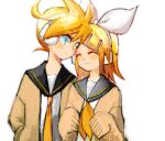  1boy 1girl bad_drawr_id bad_id black_sailor_collar blonde_hair blue_eyes bow brother_and_sister cardigan closed_eyes closed_mouth hair_bow hair_ornament hairclip headphones kagamine_len kagamine_rin looking_at_another michi_ta_(masquerade) neckerchief necktie oekaki orange_neckerchief orange_necktie sailor_collar school_uniform shirt short_hair siblings simple_background sleeves_past_wrists smile treble_clef twins upper_body vocaloid white_background white_bow 