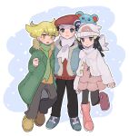  1girl 2boys alternate_costume barry_(pokemon) beanie beret black_hair black_pants blonde_hair boots closed_mouth coat dawn_(pokemon) eneko_(olavcnkrpucl16a) fur-trimmed_jacket fur_trim green_coat green_scarf grey_pants hair_ornament hairclip hat highres jacket long_hair lucas_(pokemon) marill multiple_boys open_clothes open_coat orange_shirt pants pantyhose pink_footwear pointy_hair pokemon pokemon_(creature) pokemon_dppt pokemon_platinum red_hat red_sweater scarf shirt shoes sidelocks sweater white_hat white_scarf 