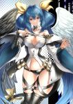  1girl asymmetrical_wings bare_shoulders black_panties black_pantyhose black_sleeves black_thighhighs black_wings blue_hair breasts cleavage detached_collar dizzy_(guilty_gear) feathered_wings guilty_gear hair_ribbon highres kaijin-m large_breasts long_sleeves looking_at_viewer navel panties pantyhose red_eyes revealing_clothes ribbon solo thighhighs underwear white_sleeves white_wings wide_sleeves wings yellow_ribbon 