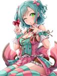  1girl aqua_hair arm_scrunchie back_bow bang_dream! bangs blush bow bowtie box breasts brown_bow cleavage collar commentary_request dress eyebrows_visible_through_hair finger_to_mouth frilled_collar frills gift green_dress green_eyes green_legwear hair_bow heart heart-shaped_box heart_in_eye hikawa_hina holding holding_gift lambda_(kusowarota) looking_at_viewer medium_breasts one_eye_closed pink_bow pink_dress pink_legwear short_hair sidelocks simple_background sitting sleeveless sleeveless_dress solo striped striped_legwear swept_bangs symbol_in_eye thighhighs triangle_mouth two-tone_dress two_side_up v wariza white_background wrist_cuffs zettai_ryouiki 