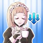  1girl absurdres arched_bangs arrow_(symbol) bridal_gauntlets closed_eyes closed_mouth commentary cup el_pan_frances english_commentary felicia_(fire_emblem) fire_emblem fire_emblem_fates gameplay_mechanics highres holding holding_cup long_hair maid maid_headdress pink_hair puffy_sleeves solo steam teacup upper_body wavy_mouth 
