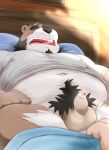 2024 anthro balls bear bed brown_body censored clothed clothing duo eyes_closed furniture genitals hi_res humanoid_genitalia humanoid_penis kemono lying male mammal navel partially_clothed penis pillow pubes shibatanukiti shirt small_penis solo_focus topwear underwear underwear_down