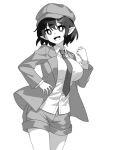  1girl :d breasts bright_pupils cabbie_hat coat collared_shirt commentary_request cowboy_shot greyscale hat highres large_breasts long_sleeves monochrome necktie onkn_sxkn open_clothes open_coat open_mouth pointy_ears shameimaru_aya shameimaru_aya_(newsboy) shirt short_hair shorts simple_background smile solo touhou white_background white_pupils 