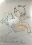  1girl bare_legs barefoot black_hair blue_archive camisole closed_eyes colored_pencil_(medium) earrings highres horns jewelry kayoko_(blue_archive) lying miniskirt multicolored_hair on_side papiyon1297 photo_(medium) pillow sketch skirt sleeping soles solo toes traditional_media two-tone_hair white_hair 