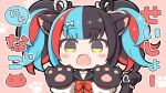  1girl :o angeltype animal_ear_fluff animal_ears aqua_hair bangs black_eyes black_hair black_ribbon black_sailor_collar black_serafuku blunt_bangs blush_stickers bow bowtie cat_ears cat_paws chibi commentary_request eyebrows_visible_through_hair fang fate/grand_order fate_(series) hair_ribbon hands_up kemonomimi_mode looking_at_viewer multicolored_hair paw_background paws pink_background red_hair red_neckwear ribbon sailor_collar school_uniform sei_shounagon_(fate) serafuku sidelocks skin_fang solo speech_bubble tail tail_ribbon translation_request twintails two-tone_ribbon upper_body white_ribbon 