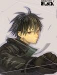  1boy bad_drawr_id bad_id black_coat black_gloves black_hair closed_mouth coat copyright_name darker_than_black frown gloves grey_background hei_(darker_than_black) kima long_sleeves looking_at_viewer male_focus oekaki outline red_eyes short_hair simple_background solo upper_body white_background 