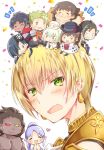  achilles_(fate) apollo_(fate) bartholomew_roberts_(fate/grand_order) berserker blonde_hair brown_hair caster_lily charlotte_corday_(fate/grand_order) chibi chibi_on_head dark_skin dark_skinned_male earrings eyepatch fate/grand_order fate_(series) green_eyes hat heart heterochromia jason_(fate/grand_order) jewelry low_twintails mandricardo_(fate/grand_order) mochizuki_chiyome_(fate/grand_order) on_head orion_(super_archer)_(fate) paris_(fate/grand_order) ponytail pout purple_hair smile twintails wataame106 