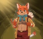  1boy abs animal_ears bandaged_arm bandaged_tail bandages bandaid bandaid_on_face belt betsuto_39 blue_scarf blush brown_belt brown_eyes brown_pants brown_shirt carrying_bag clothes_lift english_commentary fang fanning_self flitt_(rotwood) flying_sweatdrops fox_boy fox_ears fox_tail furry furry_male highres light_rays male_focus notched_ear pants rolled_up_paper rotwood scarf shirt shirt_lift skin_fang tail toned toned_male two-tone_fur watch wristwatch 