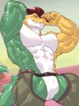  1boy abs absurdres arm_behind_head armpits arms_up bara blank_eyes brown_hat chaps claws cowboy_hat crocodile_boy crocodilian_tail english_commentary furry furry_male gummigoo hat highres istani looking_at_viewer male_focus muscular muscular_male no_pupils pectorals tail the_amazing_digital_circus 