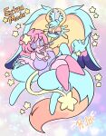  alien anthro antlers blue_body chinchillid clothing collar dress duo english_text fecto_elfilis female hair heart_symbol hi_res horn kirby kirby_(series) kirby_and_the_forgotten_land lewdchuu_(artist) male mammal nintendo pink_body pink_hair purple_eyes pyon_(lewdchuu) rodent star starling_(species) text 