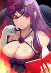  breasts fascinator fire_emblem fire_emblem_engage flower flower_brooch gloves highres ivy_(fire_emblem) kirarimochiko large_breasts long_hair open_mouth purple_eyes purple_hair rose see-through_headwear spiked white_gloves 