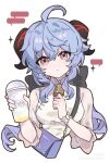  1girl ahoge alternate_costume artist_request bad_source bag bell blue_hair bow breasts closed_mouth cup disposable_cup ganyu_(genshin_impact) ganyu_(heytea)_(genshin_impact) genshin_impact handbag highres holding holding_cup horns long_hair looking_at_viewer medium_breasts milk_tea neck_bell shirt sidelocks simple_background solo sparkle upper_body white_background white_shirt 