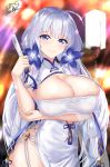  1girl absurdres ahoge arm_under_breasts azur_lane bangs blue_eyes blue_ribbon blurry blurry_background blush breasts china_dress chinese_clothes cleavage cleavage_cutout closed_mouth dress fan flower folding_fan hair_flower hair_ornament highres illustrious_(azur_lane) illustrious_(maiden_lily&#039;s_radiance)_(azur_lane) lantern large_breasts long_hair looking_at_viewer low_twintails nez-kun paper_lantern ribbon side_slit signature smile solo tassel twintails white_dress white_hair 