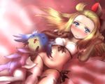  1girl ahoge bikini blonde_hair blue_eyes blush bow bravely_default:_flying_fairy bravely_default_(series) breasts closed_mouth commentary_request edea_lee elbow_gloves gloves grimjin hair_bow long_hair looking_at_viewer navel simple_background swimsuit thighhighs 