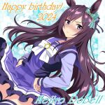 1girl 2024 animal_ears blush bow breasts character_name closed_mouth collarbone commentary_request dutch_angle ear_ornament hair_ornament happy_birthday horse_ears horse_girl horse_tail long_hair long_sleeves looking_at_viewer medium_breasts mejiro_dober_(umamusume) nakahira_guy pleated_skirt purple_serafuku purple_shirt purple_skirt ribbon sailor_collar school_uniform serafuku shirt simple_background skirt solo tail tracen_school_uniform tsundere umamusume white_bow winter_uniform 