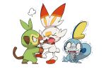 2019 3_toes angry blue_body blue_skin blush bodily_fluids crying feet fight fur generation_8_pokemon green_body grookey group makotoo nintendo open_mouth paws pokemon pokemon_(species) scorbunny simple_background sobble stick tears toes trio tuft white_background white_body white_fur