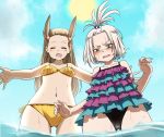  2girls alternate_costume bikini black_bikini_bottom blue_eyes blush brown_hair cloud cloudy_sky enomushi forehead frills from_below hair_bobbles hair_ornament homika_(pokemon) mikan_(pokemon) multiple_girls ocean pokemon pokemon_(game) pokemon_bw2 sky striped sun swimsuit white_hair yellow_bikini 