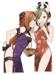  2girls arisugawa_natsuha arm_garter bamboo_steamer baozi black_gloves blush breasts bridal_garter bun_cover china_dress chinese_clothes cleavage cleavage_cutout clothing_cutout cropped_legs double_bun dress food gloves green_hair hair_bun higawari_(higawarikn) highres holding holding_food idolmaster idolmaster_shiny_colors light_smile long_hair looking_at_viewer medium_breasts multiple_girls nanakusa_hazuki orange_hair purple_dress red_dress simple_background single_sidelock sleeveless sleeveless_dress swept_bangs very_long_hair white_background 