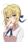  1girl ahoge artoria_pendragon_(fate) blonde_hair blue_ribbon blush closed_mouth collared_shirt commentary_request fate/stay_night fate_(series) food food_in_mouth green_eyes hair_between_eyes hair_bun hair_ribbon hand_up highres holding holding_food holding_pocky long_sleeves looking_at_viewer medium_hair neck_ribbon pocky pocky_in_mouth ribbon saber_(fate) shirt simple_background single_hair_bun solo szl upper_body white_background white_shirt 
