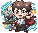  2boys bandaid bandaid_on_face bandaid_on_nose belt black_pants brown_eyes brown_hair chibi clenched_hand collared_shirt commentary drop_shadow full_body furry furry_male gakuran glitch goat_boy hand_tattoo highres holding holding_sword holding_weapon jacket jacket_on_shoulders loafers looking_at_viewer magatama male_focus multiple_boys nizitaro open_mouth pants partially_unbuttoned protagonist_1_(housamo) salomon_(housamo) school_uniform shirt shoes short_hair sideburns simple_background smile sparkle standing sword tattoo thick_eyebrows tokyo_afterschool_summoners weapon white_background white_shirt 