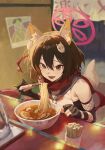  1girl :d animal_ear_fluff animal_ears black_gloves blue_archive blurry bowl chopsticks commentary_request depth_of_field eating eyeshadow fingerless_gloves food fox_ears fox_girl fox_hair_ornament fox_tail gloves hair_between_eyes hair_ornament halo highres holding holding_chopsticks izuna_(blue_archive) leaning_forward looking_at_viewer m.q_(mqkyrie) makeup medium_hair noodles one_side_up pom_pom_(clothes) pom_pom_hair_ornament ramen red_eyeshadow rope school_uniform serafuku shimenawa sidelocks smile solo table tail 