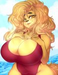  2020 amber_eyes anthro belly big_breasts breasts canid canine canis cleavage clothed clothing curvy_figure digital_media_(artwork) domestic_dog eyelashes female front_view hair hi_res huge_breasts hunting_dog long_hair looking_at_viewer mabel_(cherrikissu) mammal mature_female misentes one-piece_swimsuit open_mouth saluki sighthound slightly_chubby solo swimwear voluptuous water wide_hips 