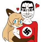 alpha_channel anthro averi_(fiddleafox) blue_eyes brown_body brown_fur canid canine chudjak clothing duo eyewear female female_anthro fox fur glasses gloves_(marking) hair hug human male mammal markings nazi red_clothing swastika unknown_artist white_body white_fur