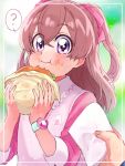  1girl ? blurry blurry_background blush burger close-up closed_mouth delicious_party_precure eating folded_napkin food food_on_face frilled_shirt frills hair_ornament highres holding holding_food long_sleeves miri_(crafimiri) nagomi_yui napkin onigiri_print precure shirt solo_focus twintails two-tone_eyes vest watch wristwatch 