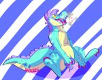 2017 animal_genitalia anthro blue_body blue_scales blush bodily_fluids breath cel_shading claws crocodile crocodilian crocodylid digital_drawing_(artwork) digital_media_(artwork) digitigrade drooling erection finger_claws forked_tongue full-length_portrait genital_slit genitals gojiteeth male ollie_(gojiteeth) open_mouth pattern_background penis pink_blush pink_claws pink_tongue portrait prehensile_penis purple_penis reptile saliva scales scalie shaded sharp_teeth signature simple_background slimy_penis snout solo striped_background tail teeth toe_claws tongue wet wet_penis yellow_body yellow_eyes yellow_scales