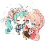  2girls ahoge blue_eyes blue_hair blush bouquet braid chibi closed_eyes crown_braid dated detached_sleeves flower hair_flower hair_ornament happy_birthday hatsune_miku heart long_hair long_sleeves megurine_luka multiple_girls niwako pink_hair reaching_towards_another ribbon skirt sweat twintails very_long_hair vocaloid wavy_mouth yuri 