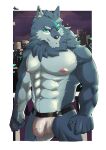 5_fingers abs absurd_res anthro ardolf areola biped bulge canid canine canis countershade_arms countershade_face countershade_fur countershade_torso countershading eye_scar eyebrows facial_scar fingers fur grey_body grey_fur hi_res male mammal monsterplus muscular muscular_anthro muscular_male nipples pecs scar solo wolf