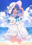  1girl :d arm_up beach blue_bow blue_eyes blue_hair blue_sky blush bow cloud dress frilled_dress frills hand_on_headwear hat hat_bow holding holding_clothes holding_dress horizon indie_virtual_youtuber looking_at_viewer mamyouda ocean outdoors puffy_short_sleeves puffy_sleeves sailor_collar short_sleeves sky smile solo standing striped_bow sun_hat uriri_(vtuber) virtual_youtuber white_bow white_dress white_hat white_sailor_collar 