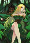  1girl absurdres black_sclera blonde_hair breasts brown_corset cleavage colored_sclera corset dress elf fingernails forest gemi_ningen green_dress green_eyes grin highres jewelry large_breasts long_hair looking_at_viewer low_neckline moss nail_polish nature necklace necklace_between_breasts off-shoulder_dress off_shoulder original pathfinder pointy_ears red_nails sharp_fingernails sharp_teeth smile solo teeth 