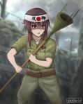  1girl absurdres artist_name belt brown_hair flat_chest hachimaki hattorin headband highres holding holding_weapon imperial_japanese_army kono_subarashii_sekai_ni_shukufuku_wo! lunge_mine megumin military military_uniform non-web_source red_eyes standing trench uniform weapon 