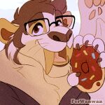 1:1 2023 anthro brown_eyes brown_hair claws clothed clothing dessert doughnut eyewear fangs felid ferwanwan fluffy food glasses hair holding_doughnut icon javier_(scraphead) low_res male mammal open_mouth open_smile pawpads paws saber-toothed_tiger sabertooth_(anatomy) smile solo sprinkles teeth watermark whiskers