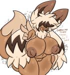  5_fingers anthro big_breasts breasts brown_body brown_hair covered_eyes eevee female fingers generation_1_pokemon generation_9_pokemon genitals gesture hair hand_gesture hi_res hybrid lewdchuu_(artist) nintendo pokemon pokemon_(species) pussy solo tail tinkaton v_sign 
