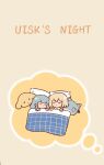  2girls bang_dream! bang_dream!_it&#039;s_mygo!!!!! blonde_hair cat-shaped_pillow chibi closed_mouth commentary dog-shaped_pillow english_commentary english_text highres laui_task medium_hair misumi_uika multiple_girls pillow sleeping thought_bubble togawa_sakiko under_covers yellow_background 