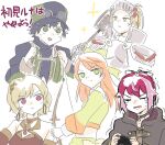  1boy 4girls armor black_hair blonde_hair citrinne_(fire_emblem) etie_(fire_emblem) fire_emblem fire_emblem_engage full_armor green_eyes grey_armor hat highres jade_(fire_emblem) jean_(fire_emblem) multiple_girls oomiya_(precureee) orange_hair red_eyes red_hair translation_request yellow_eyes 