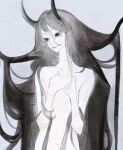  1girl black_eyes black_hair collarbone covering_breasts covering_privates expressionless grey_background highres long_hair looking_to_the_side mole mole_under_eye nude opood original own_hands_together simple_background solo standing topless very_long_hair 