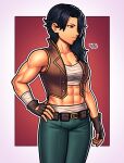  abs absurdres bandages belt black_hair blue_pants cinder_fall commission commissioner_upload fingerless_gloves gloves highres muscular muscular_female open_clothes open_vest pants rwby vest vj99 