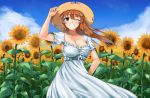  1girl alternate_costume arm_behind_back arm_up blue_eyes blue_sky breasts brown_hair charlotte_e_yeager cleavage cloud collarbone commentary_request day dress eyebrows_behind_hair field flower flower_field grin hair_blowing hand_on_headwear hat highres hiroshi_(hunter-of-kct) large_breasts long_hair looking_at_viewer one_eye_closed outdoors raglan_sleeves sky smile solo straw_hat strike_witches sundress sunflower teeth very_long_hair white_dress wind wind_lift world_witches_series 